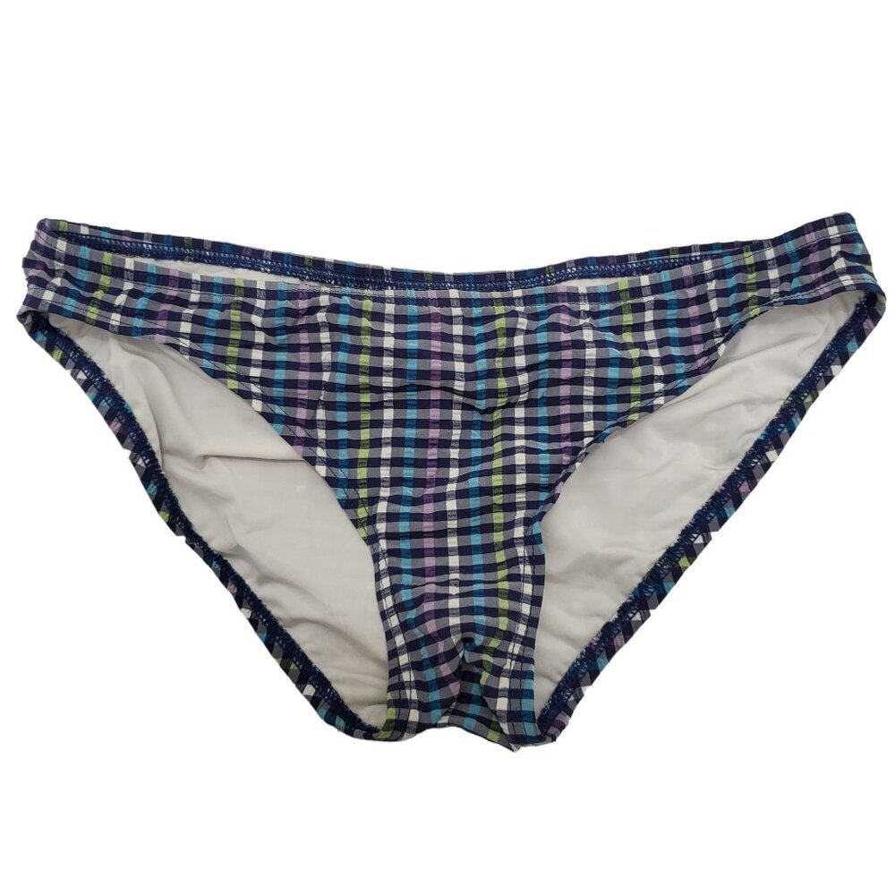 Coco Rave Blue‎ Pastel Gingham Print Seersucker Full Swim Bikini Bottoms Sz M